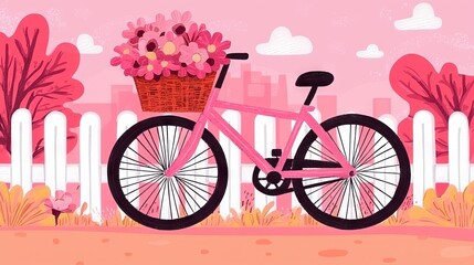 Fototapeta premium A pink bicycle with a flower basket against a pastel background.