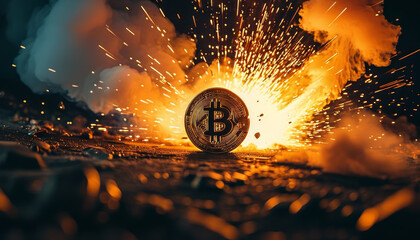 Crypto currency market, gold bitcoin in front of a cinematic explosion, crypto boom, digital investment, finance, crypto, bitcoin hype, market boom, high bitcoin price, all time high, market peak