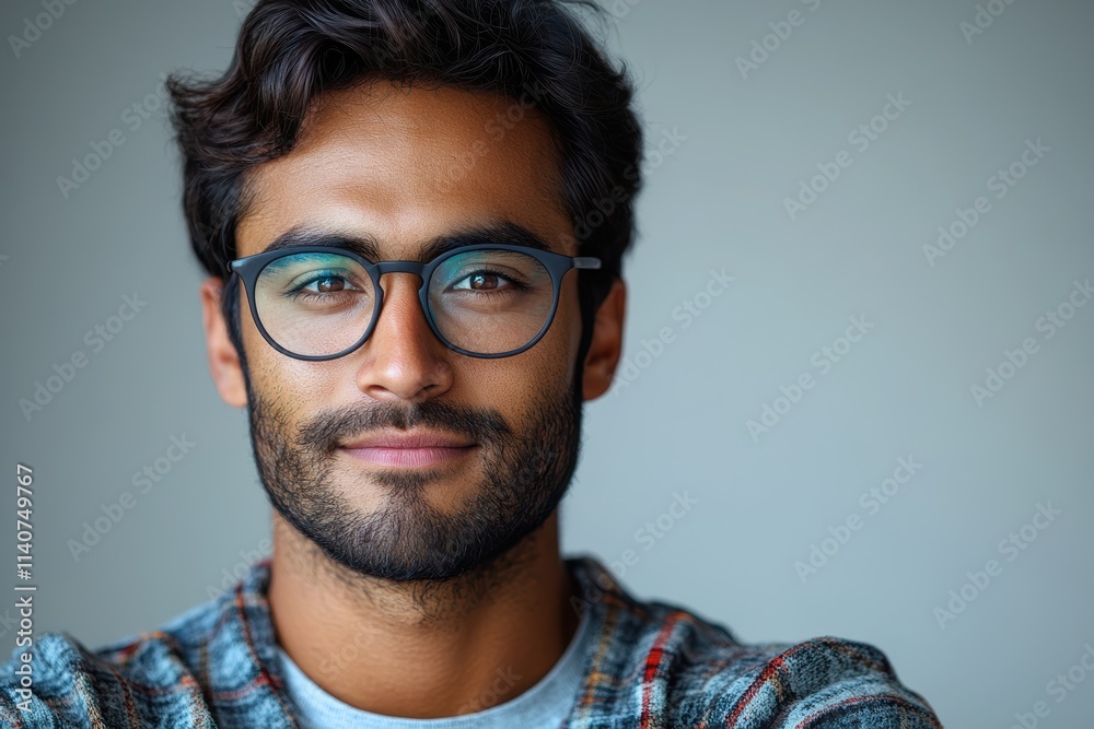 Poster confident indian man in the engineering field, captured in a modern studio setup with natural lighti