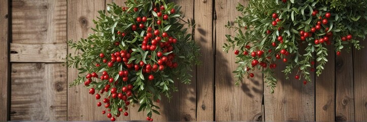 Obraz premium Bundle of mistletoe with red berries tied to a wooden post, nature photography, garden centerpiece