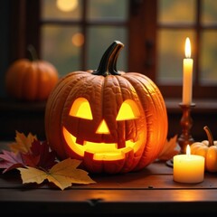 Obraz premium Carved pumpkin with lit candles on a wooden table, harvest, fall