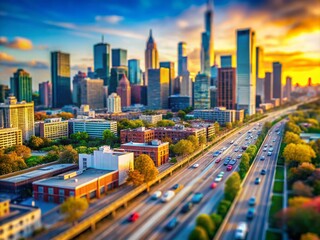 Naklejka premium Tilt-Shift Miniature Cityscape Line Photography, Urban Skyline, Miniature World, Architectural Lines, Perspective, Diorama, Street Photography, Linear Perspective, Geometric Lines, City Lines