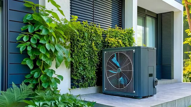 An outdoor heat pump unit installed next to a modern house surrounded by lush greenery. Features vibrant plants and a contemporary building design, reflecting eco-friendly energy solutions and modern