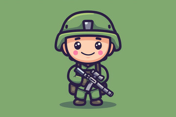 Cute army soldier cartoon vector icon illustration, full image, flat cartoon style with brown background