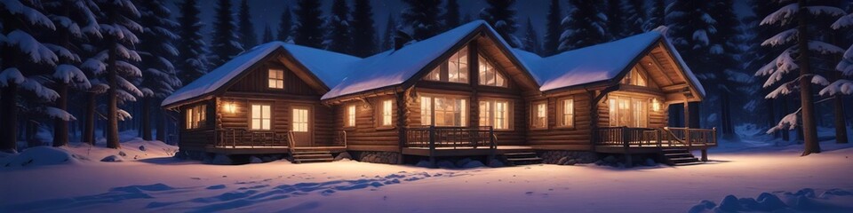 Cozy snow-covered cabin in the woods at night, snow, darkness