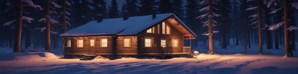 Fototapeta premium Cozy snow-covered cabin in the woods at night, wood, winter