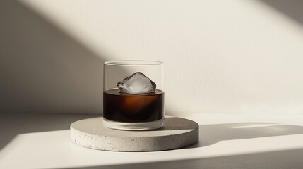 A glass of black cold brew coffee with a single large ice cube, resting on a concrete coaster, minimalist aesthetic with a smooth white background and soft light 