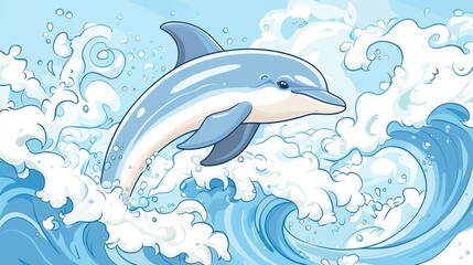 A playful dolphin leaps through vibrant ocean waves in a colorful illustration.