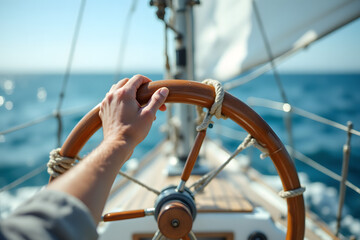 Hands gripping wooden tiller on sailboat in open waters