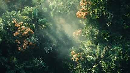 Obraz premium Sunbeams penetrate a lush, misty, tropical rainforest canopy with vibrant orange flowers.