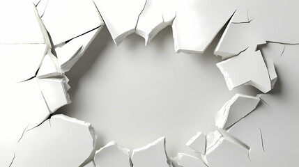 Shattered white wall with gaping hole broken barrier concept 3d render. Chasm. Illustration