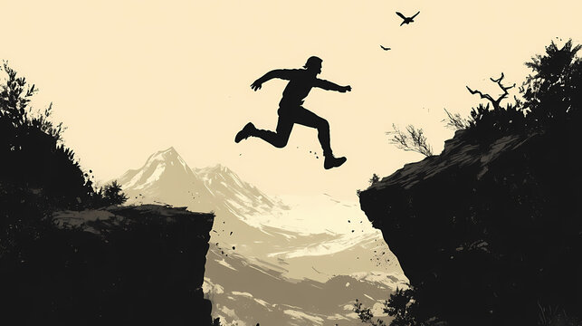 Silhouette of a man leaping across a gap between two hills, mid-air as he jumps over a cliff, courage and determination. Chasm. Illustration