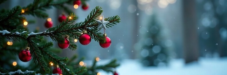 Dark brown pines branch with silver star Christmas tree topper and mistletoe, forest scenery, icy landscape, mistletoe