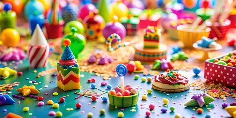 Tilt-Shift Party Flat Lay: Miniature Festive Celebration, Top-Down View,  Birthday Party Decorations, Colorful Candy, Gifts, Confetti