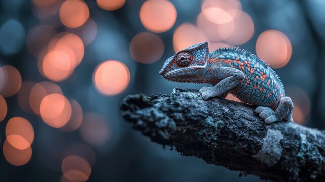 A brightly colored chameleon with red and blue patterns sits calmly on a tree branch, set against a stunning background of warm glowing bokeh circles.