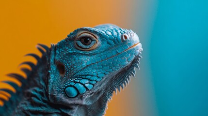 Fototapeta premium A close-up of a striking blue iguana, its spiky scales glowing under a bright two-tone backdrop split between vivid orange and serene teal hues.