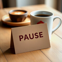 Message with the sing of pause card on paper and cup of coffee on a table