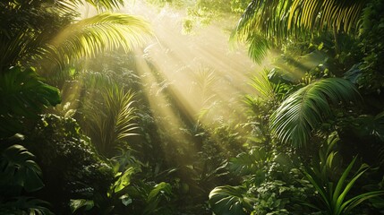 Obraz premium Sunlight streams through lush green foliage in a vibrant rainforest, creating a serene and mystical atmosphere.