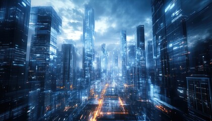 Futuristic Cityscape with Digital Overlays and Glowing Lights