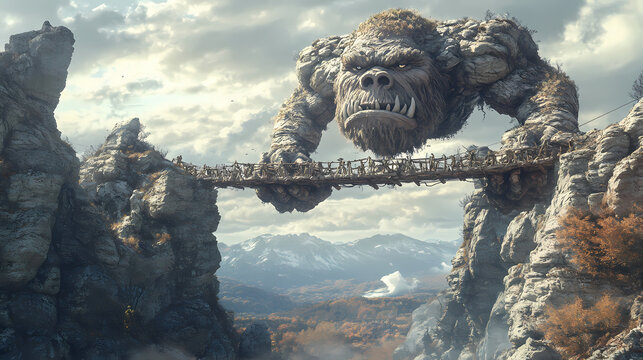 Troll bridge spanning a chasm in the mountains, hyperrealistic photo. troll bridge. illustration. mountain troll. illustration. Chasm. Illustration