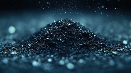 Close-up of dark, textured pile of powder, with bokeh effect and particles.