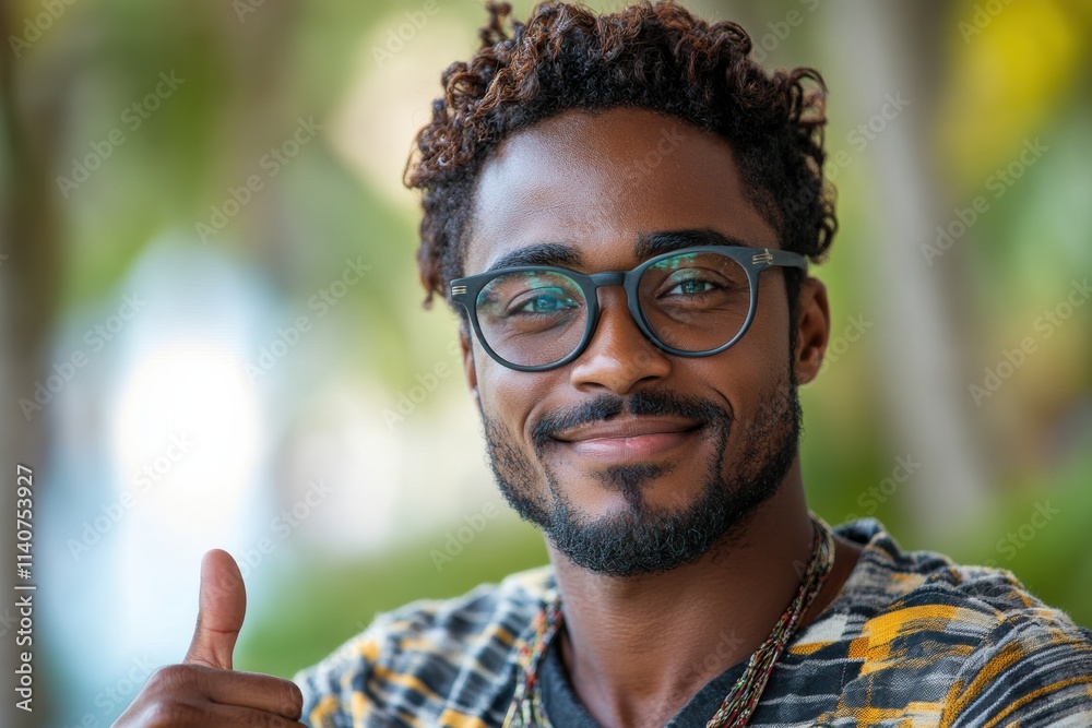 Poster culturally inclusive photo of a man with a thumbs up gesture, tailored for diverse and inclusive cam