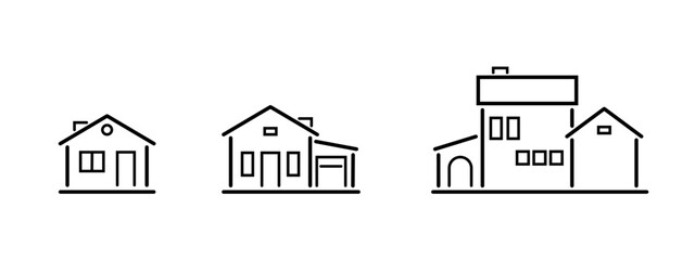 Simple icons private house. Building symbol. Cottage building icons set. Thin lines vector illustration isolated on white background