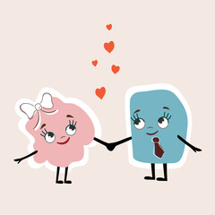 funny kawaii lovers and hearts. love concept in doodle style. Valentine's Day