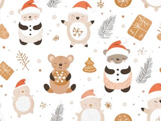 Festive seamless Christmas pattern of animals holding molecule-shaped ornaments, gingerbread cookies, and glowing Santa decorations