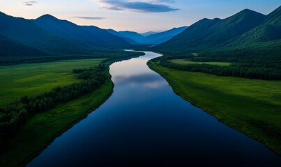Serene river flowing through lush green valley between majestic mountains at dusk.
