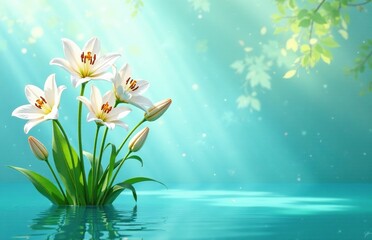 Delicate white lily branches on turquoise water background spring, watercolor, springtime landscape, spring
