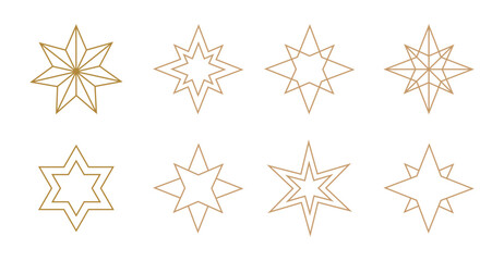 set of Gold Christmas stars line icons. Christmas party invitation, decoration, festive texture isolated vector set.