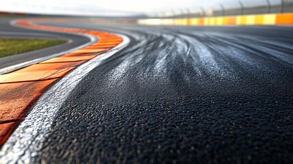 Close-up of a slick racetrack, showcasing the textured surface and vibrant orange curb, evoking excitement and speed.