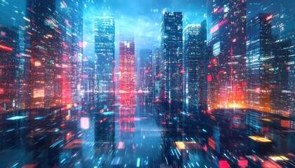 Fototapeta premium A Blurry Nighttime Cityscape with Neon Lights and a Reflective Surface