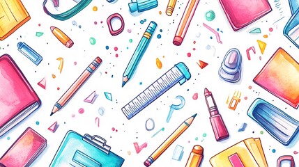 A vibrant collection of colorful school supplies artistically arranged, featuring pencils, notebooks, and markers in a playful layout.