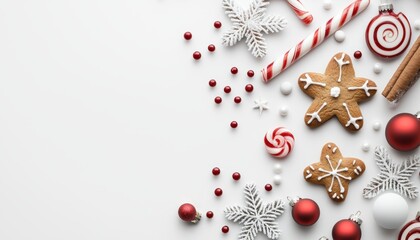 Modern seamless Christmas design of glowing festive molecules, sweet candy shapes, and gingerbread shipping ornaments under snow