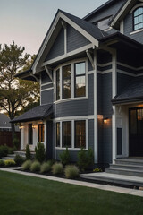 A two-story dark gray house with white trim, featuring multiple windows, a front porch, and landscaping.  The image is taken at dusk, showcasing the house's architectural details.