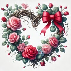 Rustic heart shaped Valentine wreath with red and pink English roses and chiffon bow