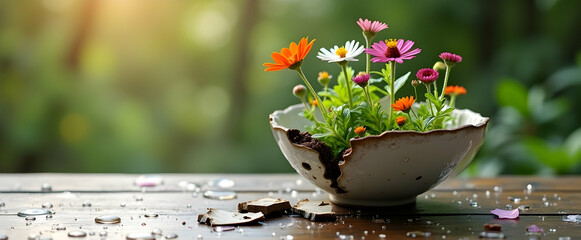Vibrant blooms in a rustic, cracked pot, glistening with raindrops on a wooden table. A poignant scene of resilience and beauty.