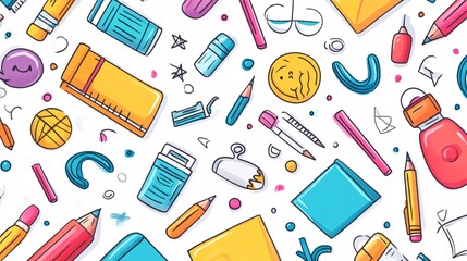 Colorful collection of school supplies including pencils, markers, and notebooks, set against a bright white background.