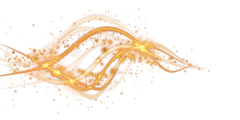 Gold curved light line, rope, spiral, tape. Smooth festive gold line with light effects. Light golden Twirl. Curve light effect of golden line. PNG.  © Orange Sky