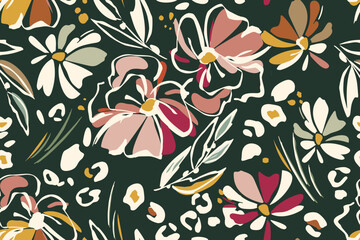 Botanical seamless pattern of abstract flowers and leaves. Summer floral background on a dark green background. Printing wallpaper, covers, textiles, paper