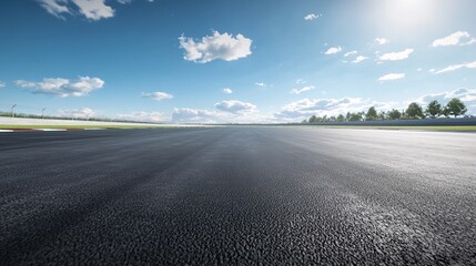 A vast empty racetrack under a blue sky with fluffy clouds, emphasizing speed and freedom.