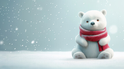 Polar bear on the right with snowflakes falling and copyspace for text