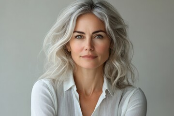 Fototapeta premium Eco-conscious branding photo of a middle-aged businesswoman, styled in minimalist sustainable corporate wear.