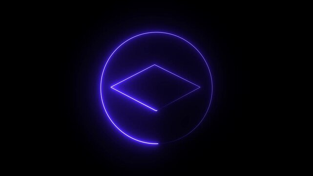 Neon map layers icon blue color glowing animation black background. Neon dial shape icon glowing black background animation