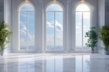 Fototapeta premium Bright Room with Three Arch Windows and Marble Floor. 3D Renderer Digital Backdrop.