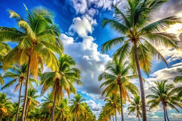Tropical Paradise: Stunning Palm Trees, Blue Sky, Clouds, Vacation Background, Nature Scene, Copy Space, Summer, Holiday, Travel