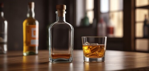 Empty glass bottle with a clear glass of liquor mockup on a table, table setup, beverage mockup