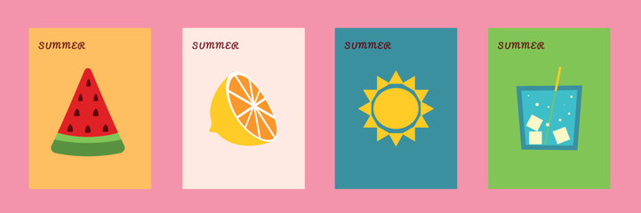 Summer card templates set. Icons sun, lemon, cocktail, water-melon flat stile in abstract modern geometric. Vector illustration